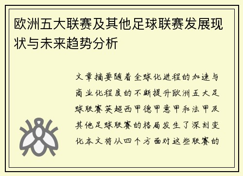 欧洲五大联赛及其他足球联赛发展现状与未来趋势分析