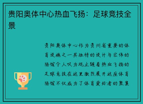 贵阳奥体中心热血飞扬：足球竞技全景