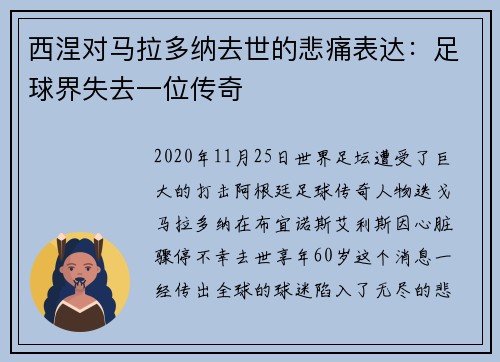 西涅对马拉多纳去世的悲痛表达：足球界失去一位传奇